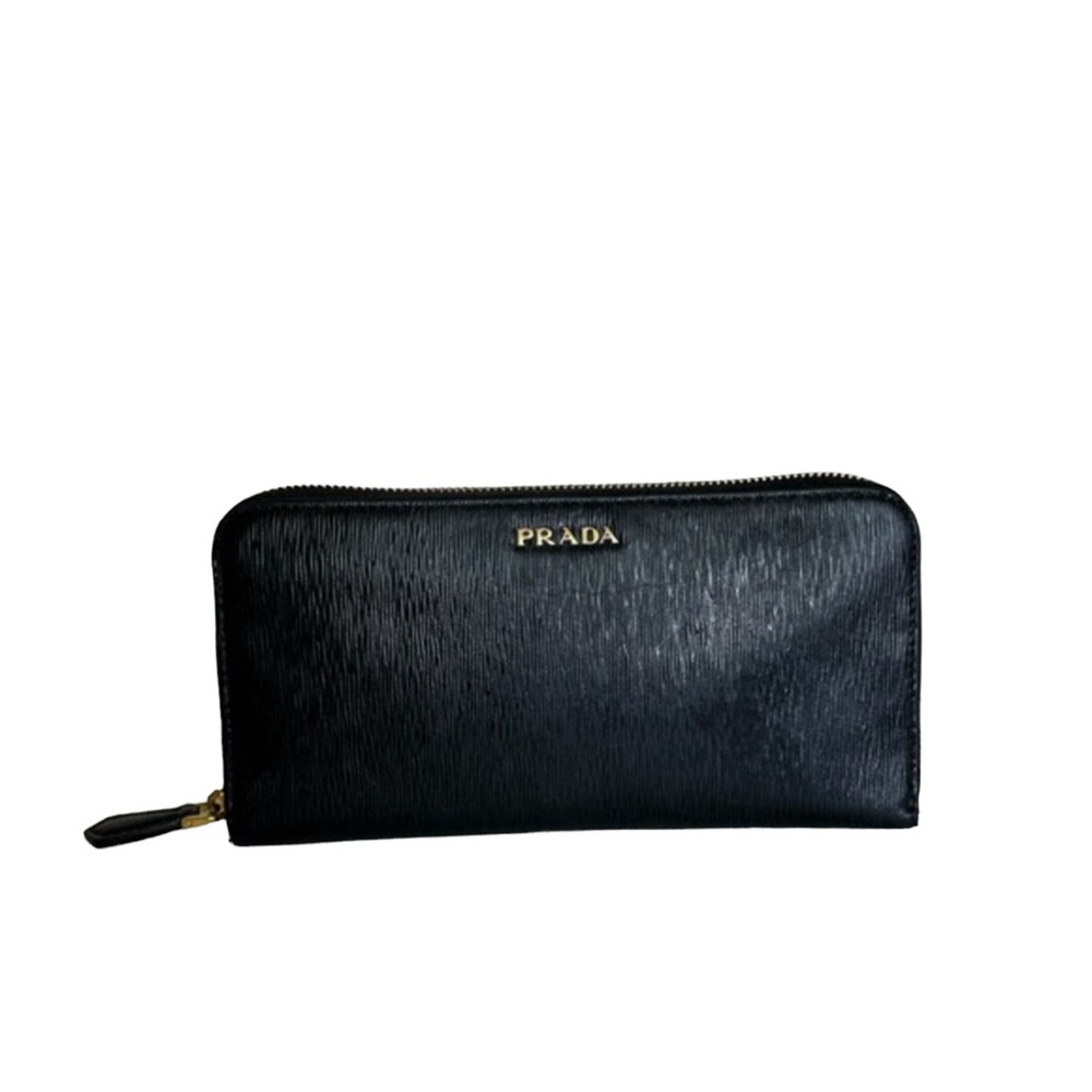Prada Black Textured Zip-Around Wallet with Gold Logo
